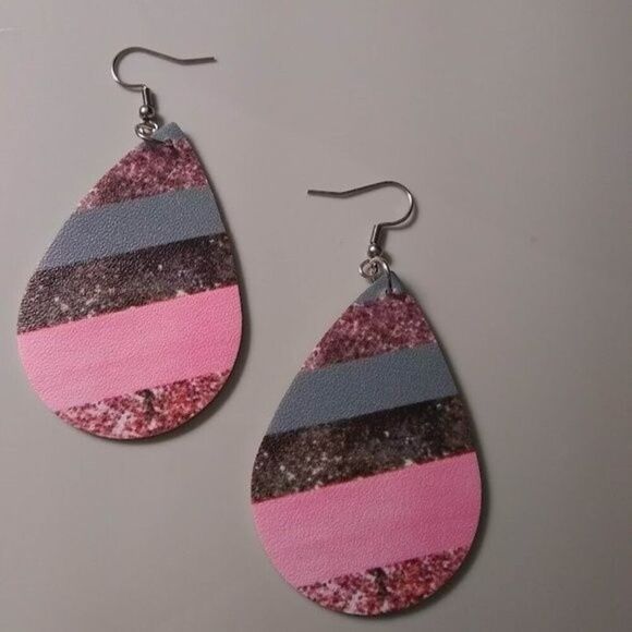 Pink & Gray  Sparkle Stripes Teardrop Earrings - Picture 4 of 6